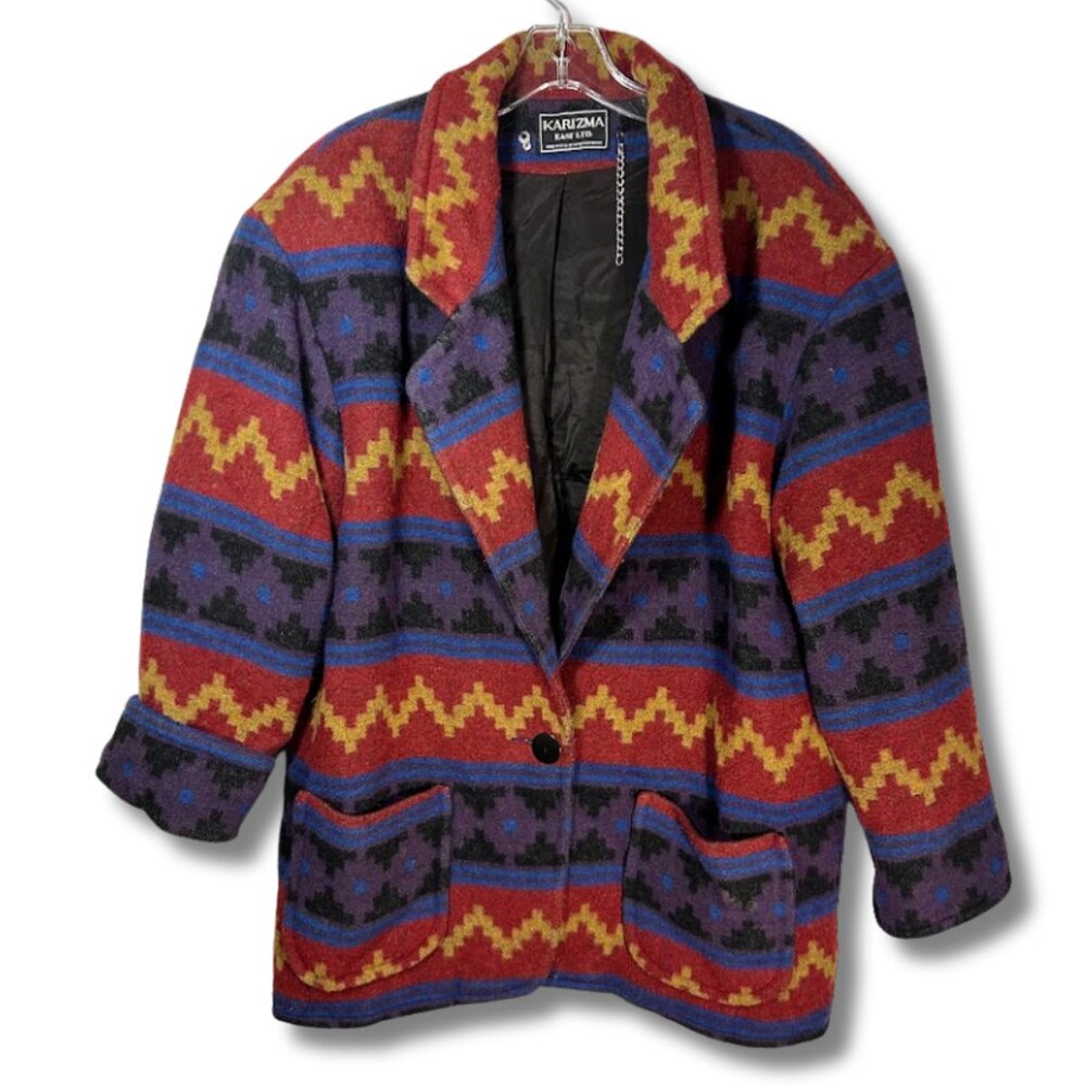KARIZMA VTG 80s‎ 90s USA Wool Aztec Navajo Blanket Jacket Southwestern Coat 10 L